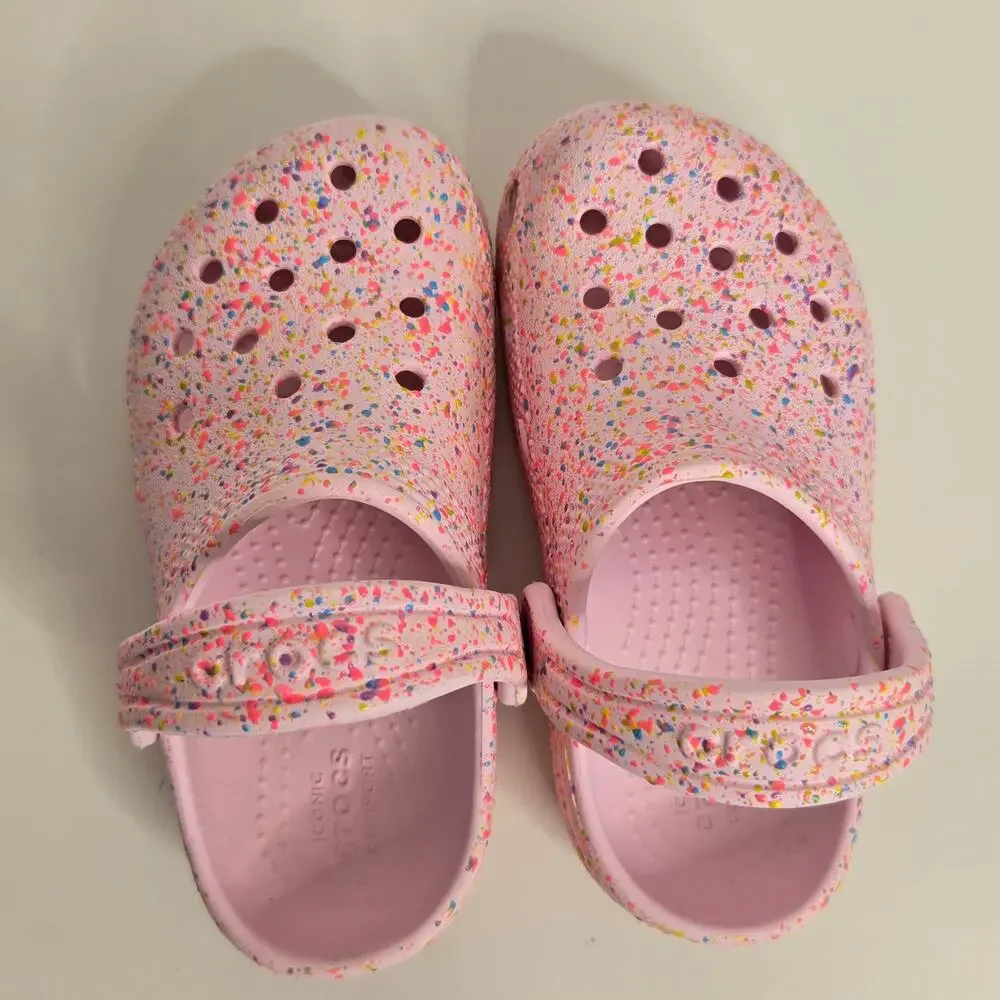 Crocs Toddler Classic Clogs Size 9 Pink Milk Pant Splatter Comfort Casual